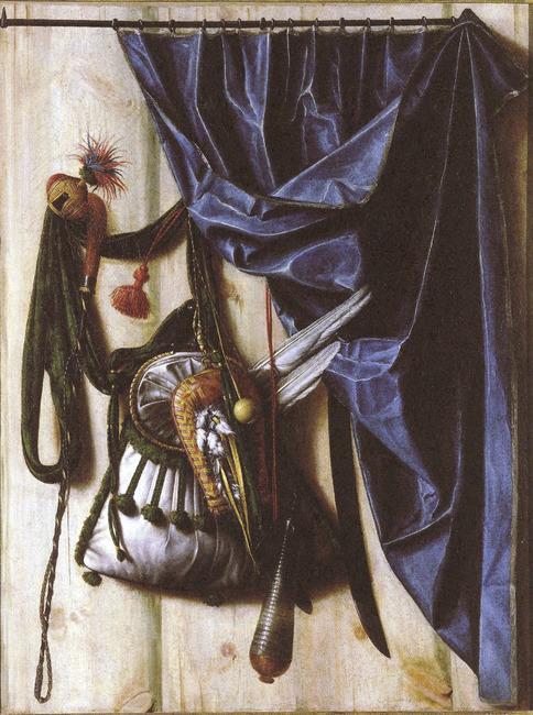Trompe l'oeil with falconry equipment, whip and hunting knife by Cornelis Norbertus Gijsbrechts (163