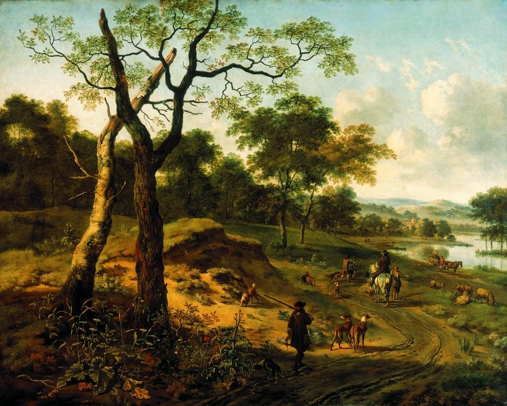 Wooded evening landscape with a hunter and dogs
