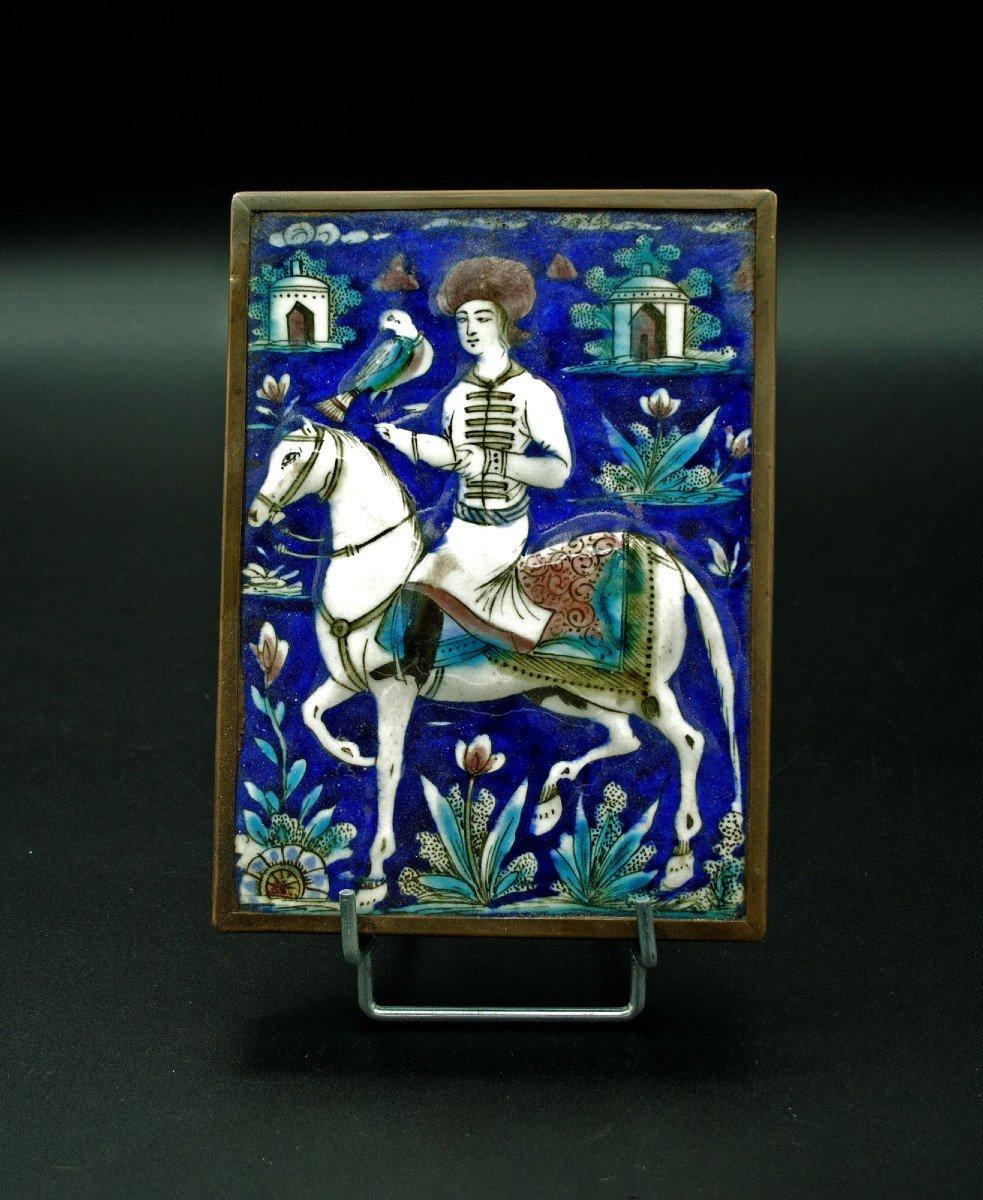 Antique Persian Tile Falconer On Horseback Qajar Islamic Faience
